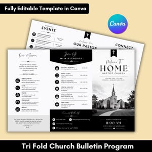Peut inclure: Un modèle de programme de bulletin d'église à trois volets présentant un design noir et blanc avec une photographie d'église, des sections de texte pour la mission, les valeurs, l'horaire hebdomadaire et les coordonnées, avec un logo Canva.
