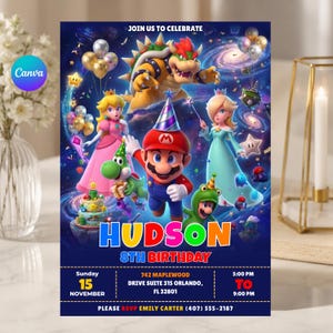 Mario Galaxy verjaardagskaart, Super Mario feestuitnodiging, ruimtefeest, bewerkbare Canva-sjabloon, uitnodiging voor een jongensverjaardag met ruimtethema, direct te gebruiken