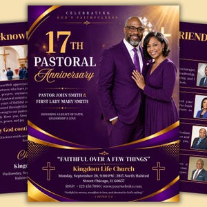 Modelo de programa para aniversário pastoral, boletim de aniversário da igreja editável no Canva, homenagem ao pastor, roxo e dourado, download instantâneo