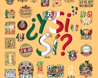Könnte beinhalten: Eine Sammlung digitaler Grafikdesigns mit dem Schriftzug ¿Y SÍ, SÍ? in verschiedenen Schriftarten und Stilen. Die Elemente umfassen mexikanisch inspirierte Motive wie Kakteen, Zuckerschädel, Fußbälle, Adler und florale Muster in Rot, Weiß und Grün.