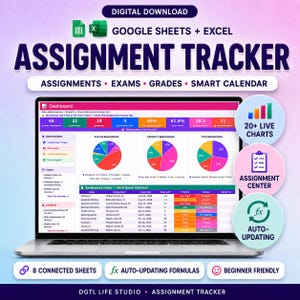 May include: A digital assignment tracker for Google Sheets and Excel displayed on a laptop screen. The interface features a dashboard with pie charts, status breakdowns, and a list of assignments. Circular icons highlight 20+ live charts, an assignment center, and auto-updating features. The design uses a purple and pink gradient background with clear text labels.