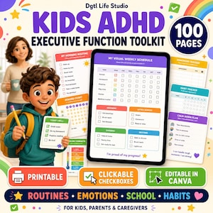 May include: A digital toolkit for kids with ADHD featuring 100 pages of printable resources including a visual weekly schedule, morning routine, reward chart, homework tracker, habit tracker, and calm-down plan with clickable checkboxes.