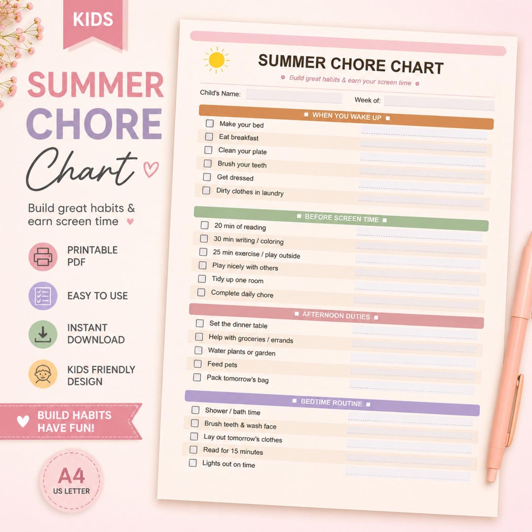 Editable Kids Summer Chore Chart | Daily Routine Checklist (digital ...