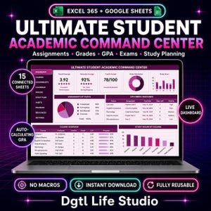 Könnte beinhalten: Ein Laptop, der das Ultimate Student Academic Command Center für Excel 365 und Google Sheets anzeigt. Der Bildschirm zeigt ein Dashboard mit akademischen Kennzahlen wie Notendurchschnitt, Noten, Aufgaben und Lernstunden in Violett.