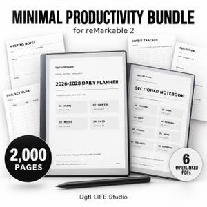 Peut inclure: Un ensemble de productivité numérique pour tablettes reMarkable 2, comprenant deux tablettes affichant un planificateur quotidien 2026-2028 et un carnet sectionné avec des PDF hyperliés, accompagné d'un stylet noir et divers modèles de pages.