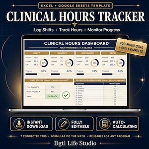 May include: A digital Clinical Hours Tracker template for Excel and Google Sheets displayed on a laptop screen. The dashboard features tables for direct, indirect, and supervised hours, progress charts, a pace status indicator, and a supervisor breakdown.
