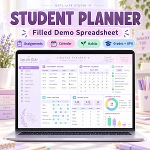 May include: A laptop screen displaying a digital student planner spreadsheet with purple and white accents. The interface includes an assignment tracker, a March 2025 calendar, a habit tracker, a to-do list, and a grades and GPA summary section.