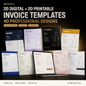 May include: A collection of 20 digital and 20 printable invoice templates featuring 40 professional designs. The display includes various invoice layouts in different colors and styles, with one template shown on a laptop screen. Text includes 20 DIGITAL + 20 PRINTABLE INVOICE TEMPLATES 40 PROFESSIONAL DESIGNS.