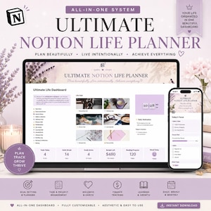 May include: A digital Notion life planner displayed on a laptop and smartphone screen. The interface features a dashboard with sections for tasks, habits, goals, and finance tracking. The design uses a light purple color palette with text.