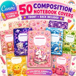 Pode incluir: Uma coleção digital de 50 capas para cadernos com várias ilustrações coloridas em estilo kawaii, incluindo um unicórnio, um urso de peluche, um sapo, uma baleia, um sol e temas espaciais com o texto 50 COMPOSITION NOTEBOOK COVERS.