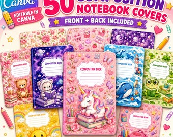 50 Editable Canva Composition Notebook Covers, Front and Back Designs (Digital Download)