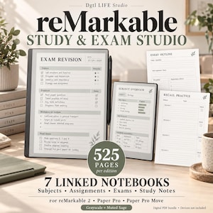May include: A digital study and exam studio planner for reMarkable devices, featuring seven linked notebooks with templates for exam revision, subject overview, essay outlines, and recall practice, displayed on two tablets with a stylus.
