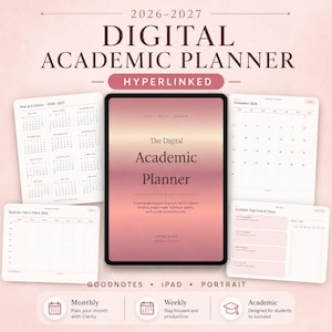 May include: A 2026-2027 digital academic planner displayed on a tablet screen with a pink gradient cover. The planner includes pages for a year at a glance, monthly calendars, weekly schedules, and academic goals, all featuring a clean layout.