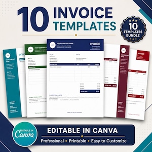 May include: A collection of 10 invoice templates featuring various color schemes including teal, green, dark blue, maroon, and red. Each template includes fields for company name, bill to, ship to, description, quantity, rate, amount, and total due.