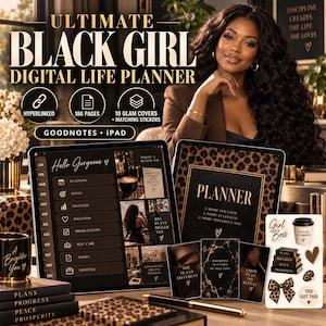May include: A digital life planner for Goodnotes and iPad featuring 186 hyperlinked pages and 10 covers. The interface displays sections for planning, goals, finances, wellness, productivity, self-care, notes, and lifestyle with gold text.