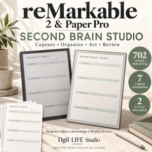 Op de afbeelding: Een digitale plannerbundel voor reMarkable 2 en Paper Pro tablets genaamd Second Brain Studio. Het bevat 702 pagina's per stijl, 7 gekoppelde notitieboeken en 2 stijlen. Het scherm toont Project Brief en Knowledge Notes sjablonen.