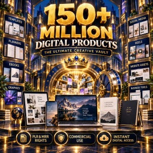 Op de afbeelding: Een digitale productcollectie met de tekst 150+ MILLION DIGITAL PRODUCTS THE ULTIMATE CREATIVE VAULT, een gouden kroon, een kluisdeur, een laptop, een tablet, een smartphone, een boek en een planner met PLR & MRR RIGHTS.
