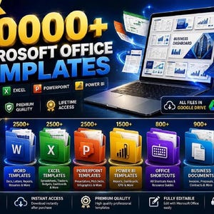 May include: A digital bundle of 10000+ Microsoft Office templates featuring a laptop displaying a business dashboard. Includes seven color-coded folders for Word, Excel, PowerPoint, Power BI, shortcuts, documents, and planners with icons and text.
