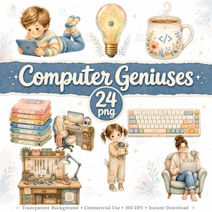 Puede incluir: Una colección digital titulada Computer Geniuses que incluye 24 ilustraciones PNG, entre ellas un niño con una tableta, una bombilla con circuitos, una taza con símbolos de código, disquetes apilados, un escritorio, un teclado y un robot.