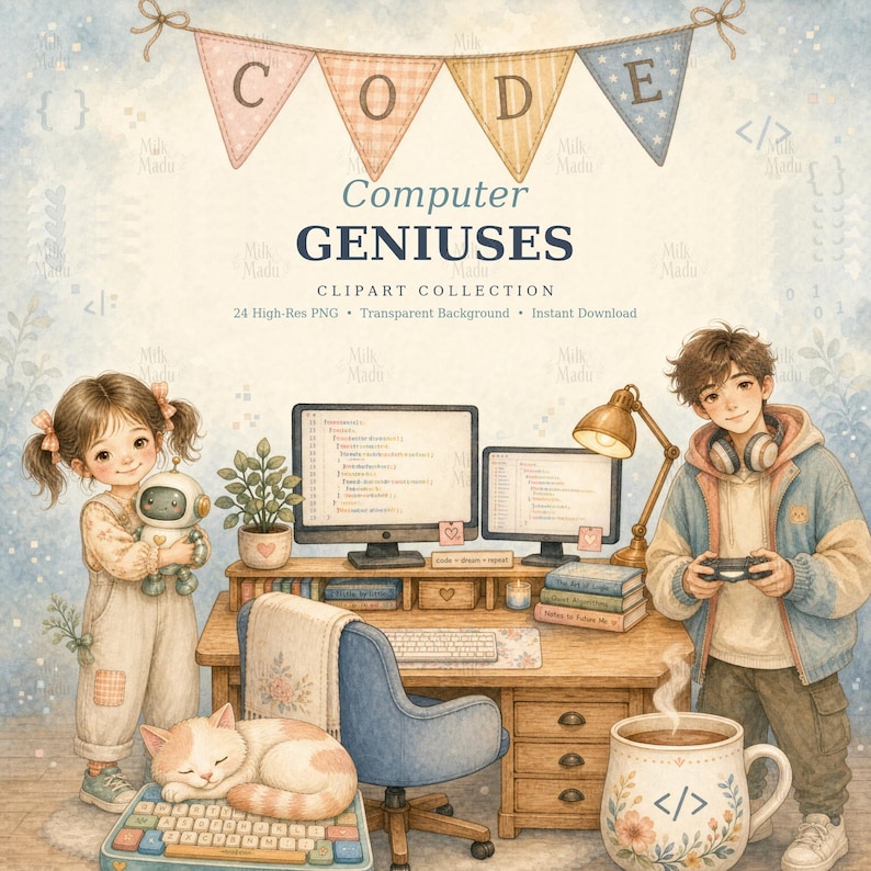 Whimsical, Storybook Watercolor Computer Geniuses Clipart: 24 ...