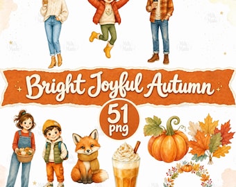 May include: A digital collection of autumn-themed illustrations featuring people in seasonal clothing, a fox with a scarf, a pumpkin, a wreath, and a drink. The text reads Bright Joyful Autumn and 51 png. The style is watercolor and cartoon.