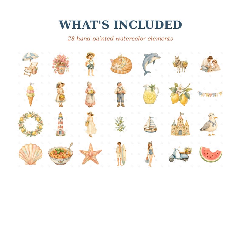 Whimsical, Storybook Watercolor Mediterranean Summer Clipart: 28 ...