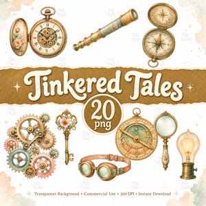 Watercolor Steampunk Gears Clipart: Clock Watch Goggles Compass, 20 Transparent PNG