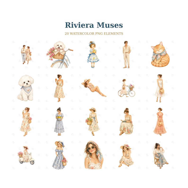 Whimsical, Storybook Watercolor Italian Summer Women Clipart: 20 ...