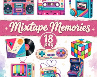Akvarell Boombox-kassettarkad Clipart: 80-talsneon, 18 transparent PNG