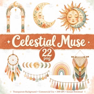 Op de afbeelding: Een digitale collectie genaamd Celestial Muse met 22 PNG-bestanden, waaronder een bloemenboog, een maansikkel, een zon- en maangezicht, een dromenvanger, maanfasen, een sterrenslinger, een regenboog en een macramé wandhanger met kwastjes.