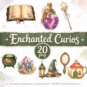 May include: A digital collection of 20 PNG illustrations titled Enchanted Curios, featuring an open book, a purple potion bottle, a star wand, a green cauldron, colourful crystals, a lantern, a pointed hat, a hand mirror, and a mushroom teapot.