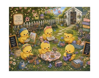 Op de afbeelding: Een legpuzzelillustratie met zes gele kuikens in een tuin. Eén schildert, één leest, één speelt gitaar en anderen zitten aan een tafel. Borden tonen de teksten "find joy in the little things," "play create smile repeat," en "good days with friends."
