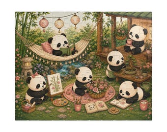 May include: A jigsaw puzzle illustration featuring six pandas in a garden setting. One panda rests in a hammock reading, while others paint on canvases, tend to a bonsai tree, arrange flowers in a basket, and sit on a rug with an open book.