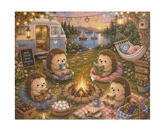 Hedgehog Puzzle 110-1014 Piece | Cozy Hedgehog Camping Woodland Scene