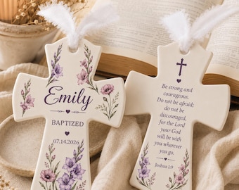 Personalized Baptism Cross Ornament丨Custom Ceramic Birth Flower Cross丨Name Date Christening Keepsake丨Godchild Gift for Baby Girl Boy
