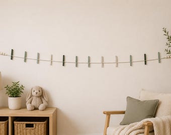 Sage Green Clothespin Garland | Kids Artwork Display, Photos, Cards | Handmade Wall Decor