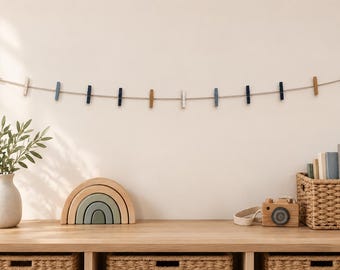 Dusty Blue Art Display Garland, Kids Artwork Photo Holder, Wooden Clothespin Wall Decor