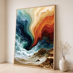 Abstract Ocean Wave Canvas Print, Blue Orange Seascape Wall Art, Dramatic Coastal Surf, Rocky Shore Beach Artwork Decor, blue orange art