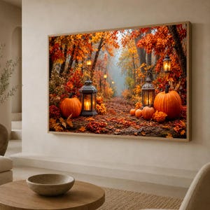 May include: A rectangular wall art print depicting an autumn forest path with orange and red foliage. The scene features several orange pumpkins and black metal lanterns with glowing candles placed along a path covered in fallen leaves.