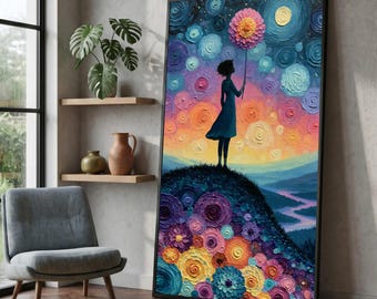 Silhouette de fille, fleurs et lune, impression d'art mural, paysage de ciel nocturne onirique, décoration florale surréaliste, colorée et fantaisiste, art fantaisiste