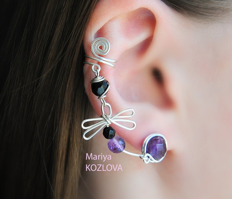 Ear Cuff Earrings Purple Dragonfly dragonfly ear sweep cartilage ear cuff bug ear climber insect ear crawlerconch ear ohr manschette