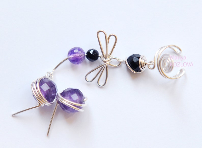Ear Cuff Earrings Purple Dragonfly dragonfly ear sweep cartilage ear cuff bug ear climber insect ear crawlerconch ear ohr manschette