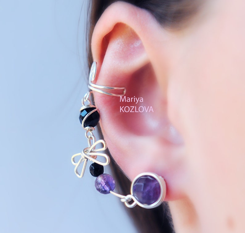 Ear Cuff Earrings Purple Dragonfly dragonfly ear sweep cartilage ear cuff bug ear climber insect ear crawlerconch ear ohr manschette