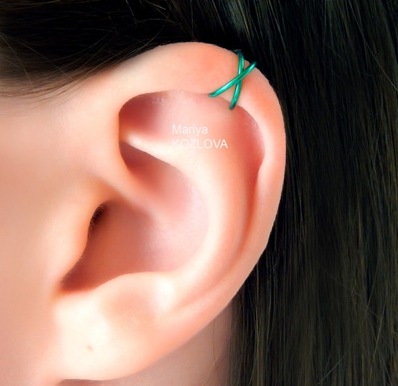 Green Criss Cross Helix X Ear Cuff Twisted Cartilage X Ear Rings Ear Piercing Imitation Faux Oreille Piercing Ohr Manschette Helix Ear Hoops