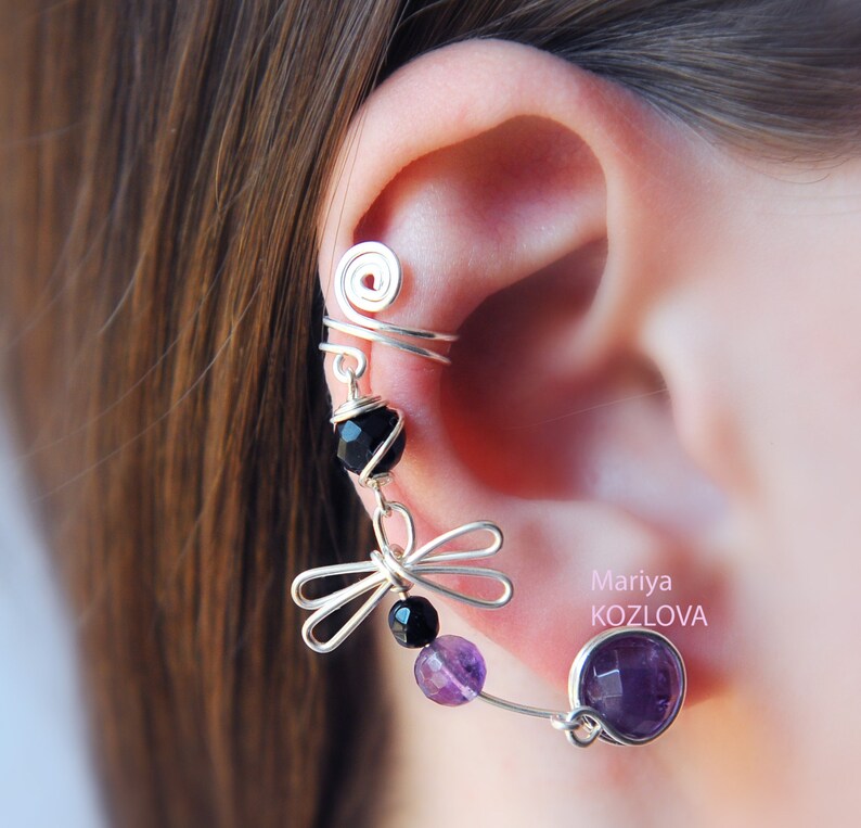 Ear Cuff Earrings Purple Dragonfly dragonfly ear sweep cartilage ear cuff bug ear climber insect ear crawlerconch ear ohr manschette