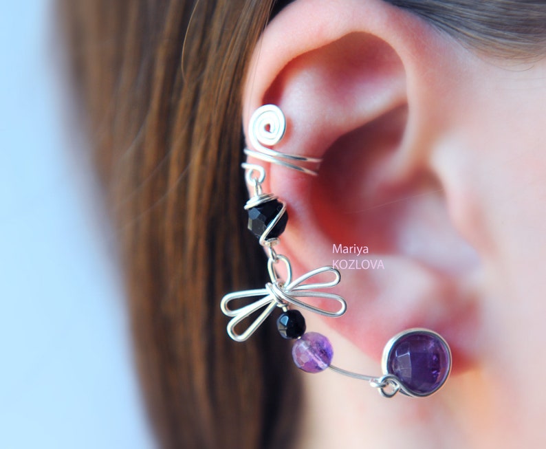 Ear Cuff Earrings Purple Dragonfly dragonfly ear sweep cartilage ear cuff bug ear climber insect ear crawlerconch ear ohr manschette