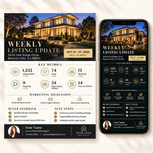 Weekly Seller Update Canva Template, Listing Performance Report, Real Estate Client Communication, 8.5x11 + Mobile
