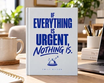 Könnte beinhalten: Ein weißes Hardcover-Buch mit blauem Text, der IF EVERYTHING IS URGENT, NOTHING IS lautet. Unter dem Text befindet sich eine blaue Grafik einer Serviceklingel mit ZZZ-Symbolen, und der Name EMILY WILSON ist unten aufgedruckt.