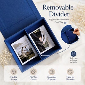 May include: A deep blue rectangular storage box with a removable divider, containing stacks of printed photographs. The box features text reading Removable Divider, Organize Your Memories Your Way, and Easily Insert or Remove the Divider.