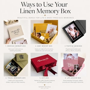 May include: A collage titled Ways to Use Your Linen Memory Box showing six examples of rectangular boxes in various colors including beige, yellow, black, olive green, red, and pink, each containing personal items like photos, albums, and keepsakes.
